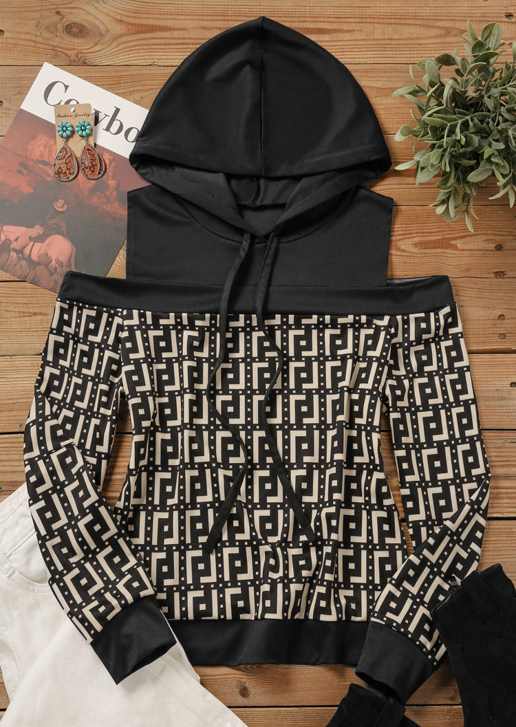 Geometric Cold Shoulder Hoodie - Black