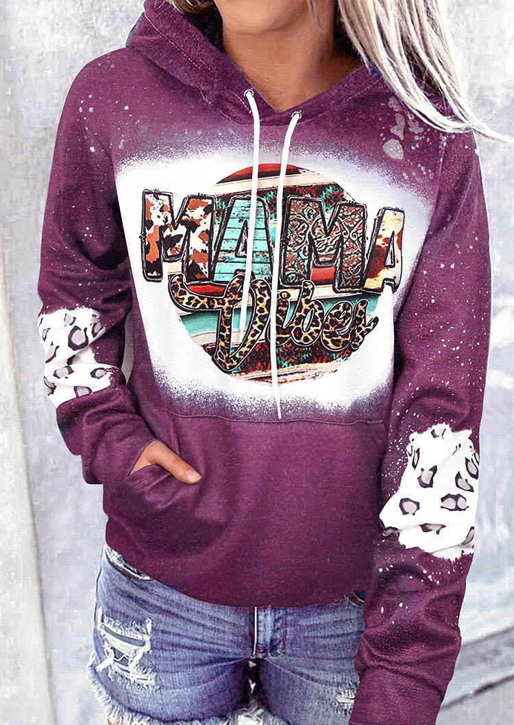 

Mama Vibes Leopard Cow Bleached Kangaroo Pocket Hoodie - Purple, SCM006381