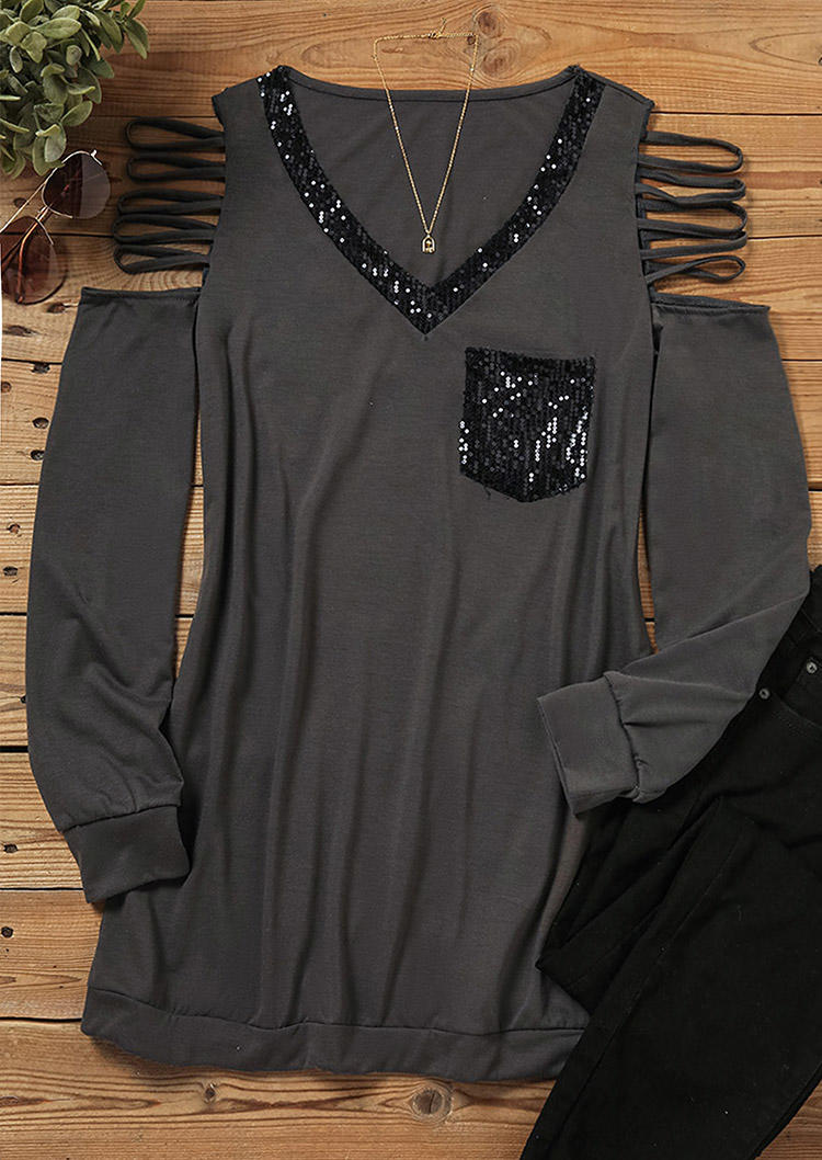 Sequined Pocket Cut Out Blouse - Gray