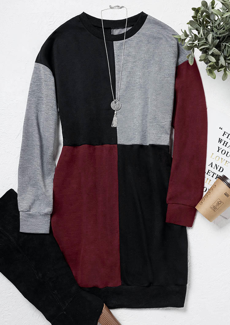 Color Block Long Sleeve Sweatshirt Mini Dress - Gray