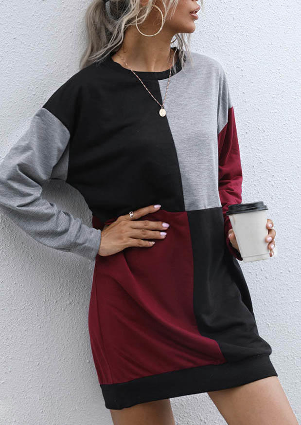 Color Block Long Sleeve Sweatshirt Mini Dress - Gray