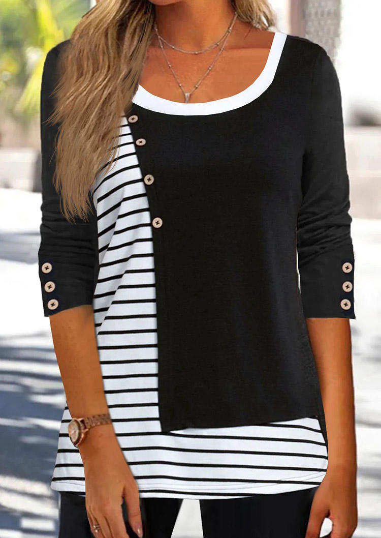 

Color Block Striped Button Blouse - Black, SCM006792