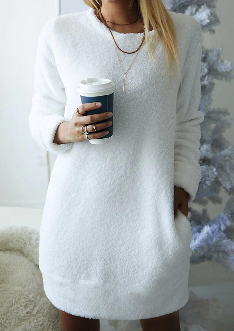 

Plush Pocket Long Sleeve O-Neck Sweatshirt Mini Dress - White, SCM006834