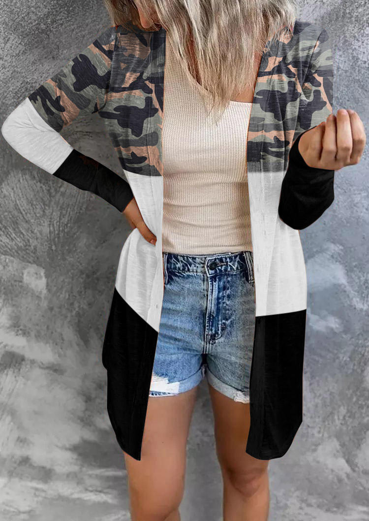 

Camouflage Color Block Long Sleeve Open Front Cardigan, Multicolor, SCM006877