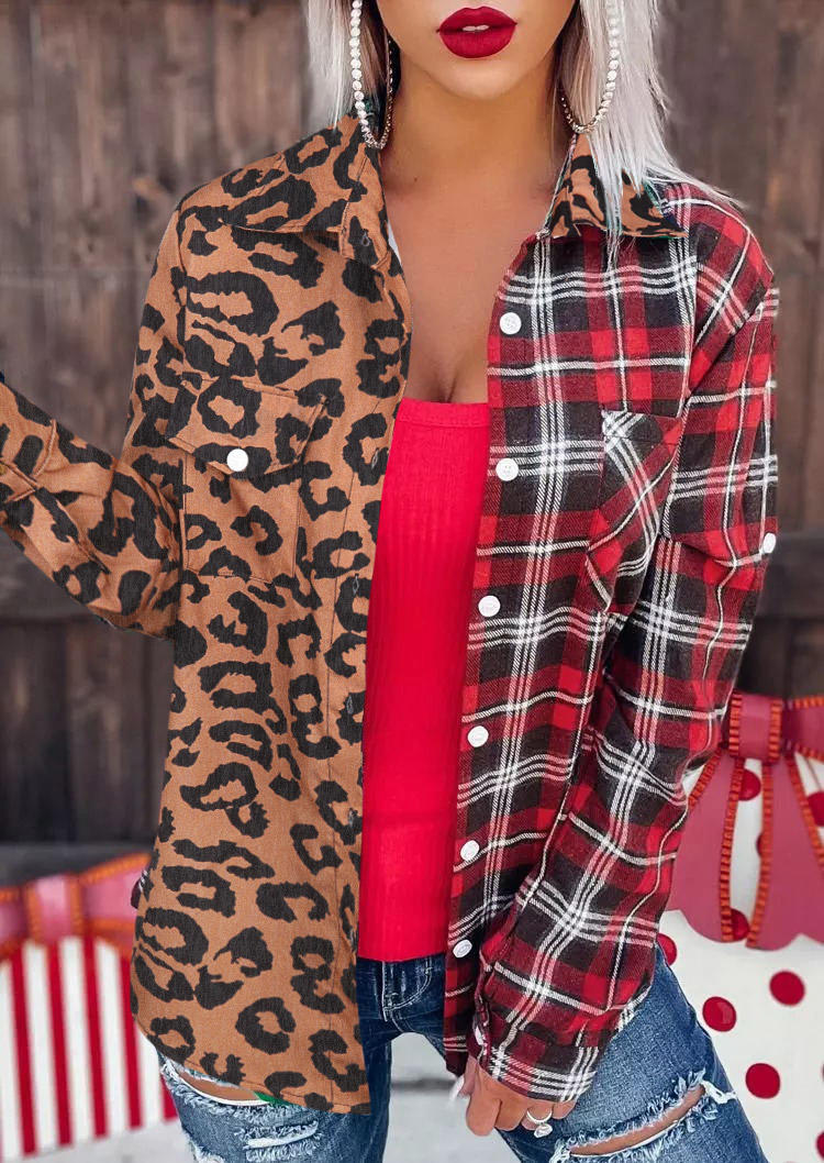 

Leopard Plaid Pocket Button Long Sleeve Shirt, Multicolor, SCM006885