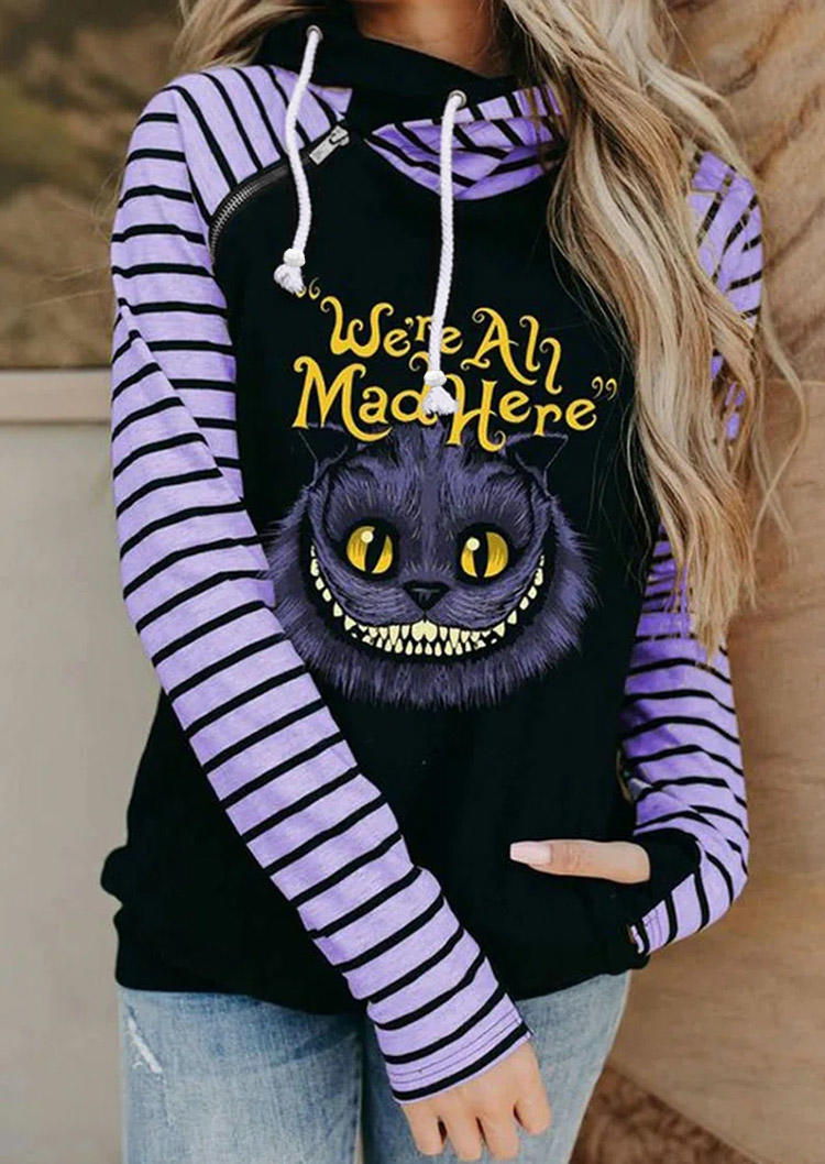 

Halloween Were All Mad Here Striped Zipper Hoodie - Purple, SCM006903