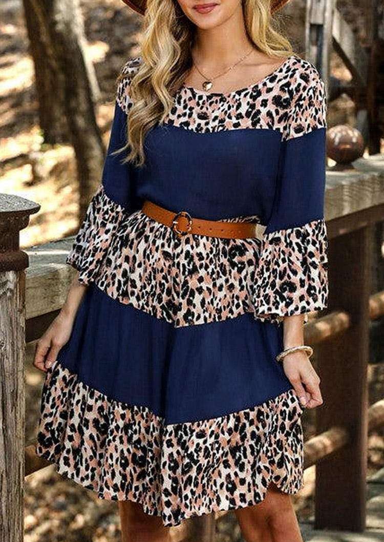

Leopard Color Block O-Neck Mini Dress, Multicolor, SCM006921