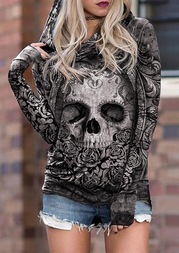 

Halloween Horror Skull Floral Hoodie - Black, SCM007055