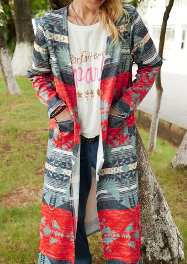 

Aztec Pocket Open Front Long Cardigan, Multicolor, SCM007056