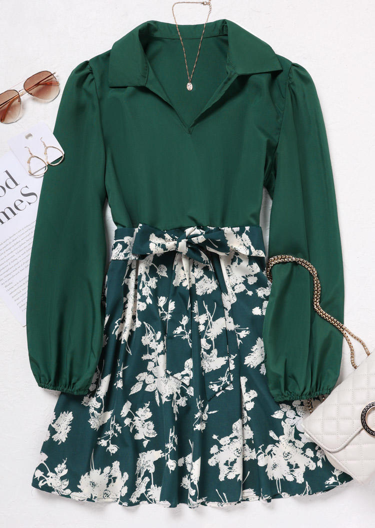 Floral Long Sleeve Turn-Down Collar Mini Dress with Belt - Green