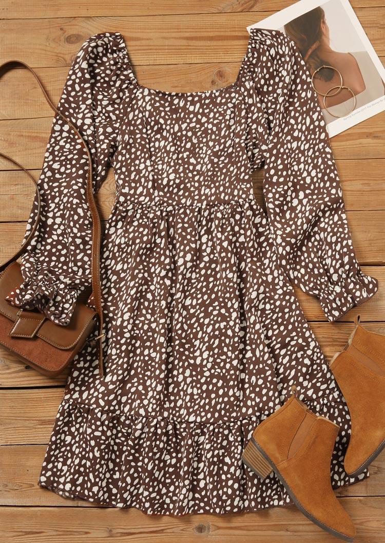 Leopard Long Sleeve Square Collar Mini Dress - Brown