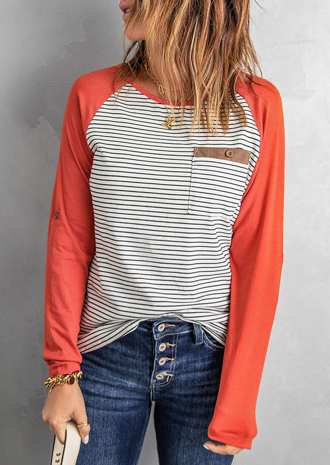 

Color Block Striped Pocket Button Blouse - Orange, SCM007160