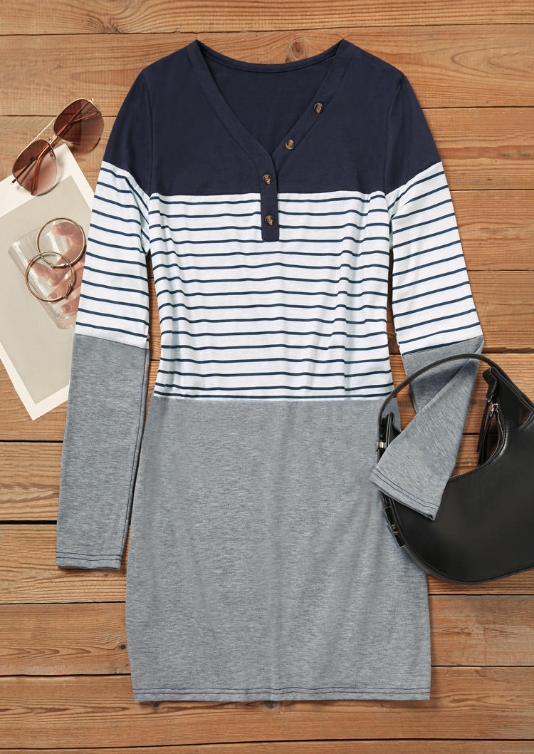 Striped Color Block Button Long Sleeve Mini Dress