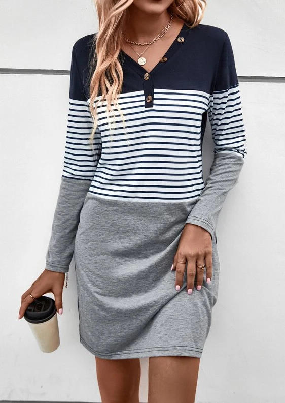 Striped Color Block Button Long Sleeve Mini Dress