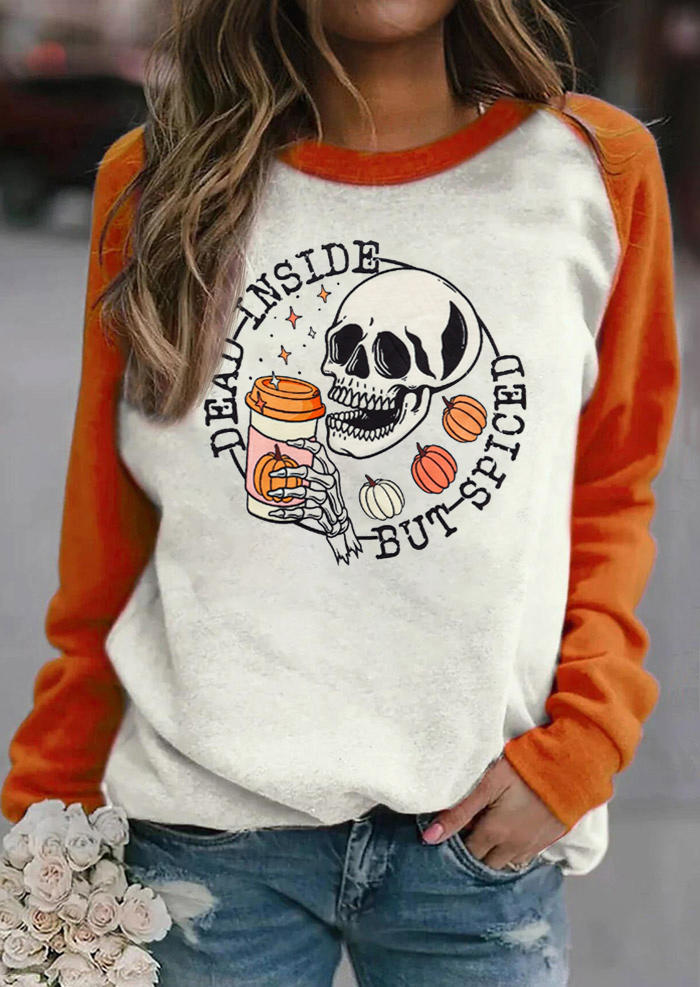 

Dead Inside But Spiced Pumpkin Skeleton Hand Skull Sweatshirt, White, SCM007238