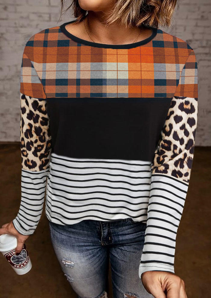 

Plaid Leopard Striped Color Block O-Neck Blouse, Multicolor, SCM007256
