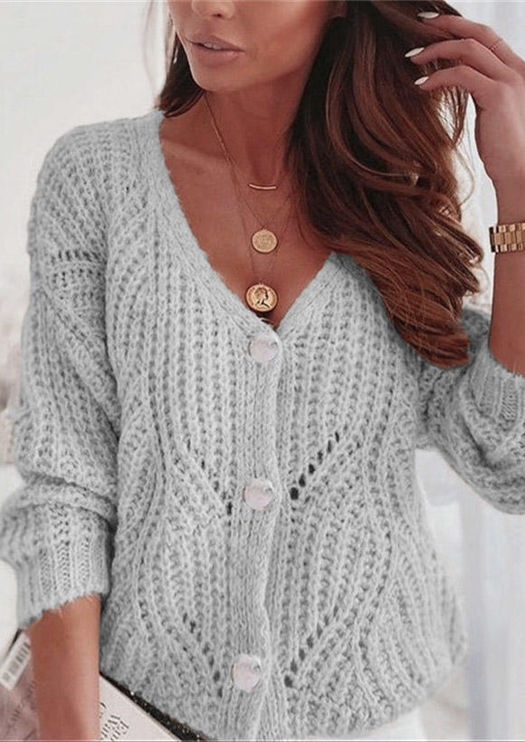 

Button Hollow Out Long Sleeve Sweater Cardigan - Gray, SCM007524