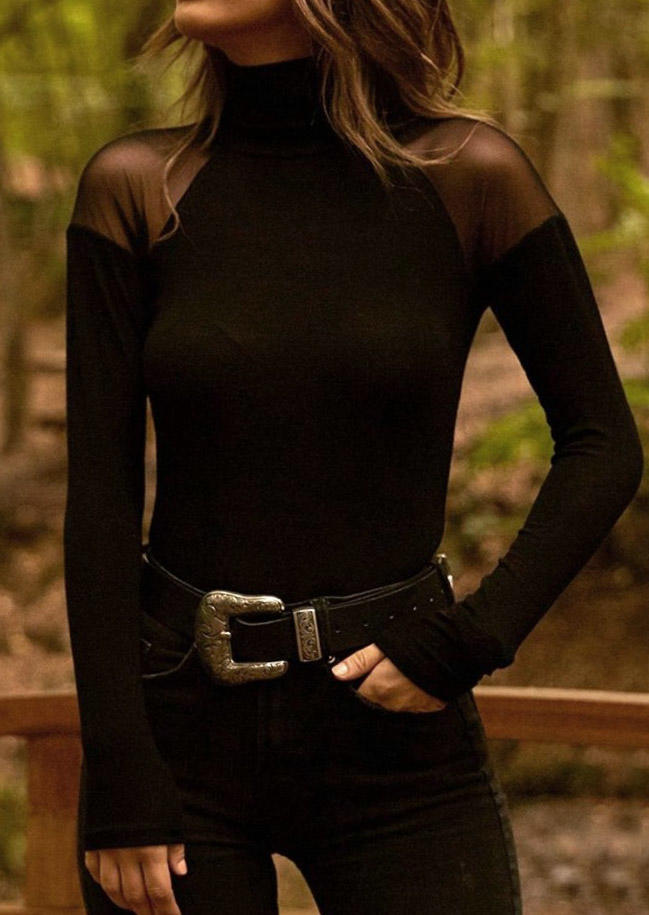 

Mesh Splicing Long Sleeve Turtleneck Blouse - Black, SCM007529