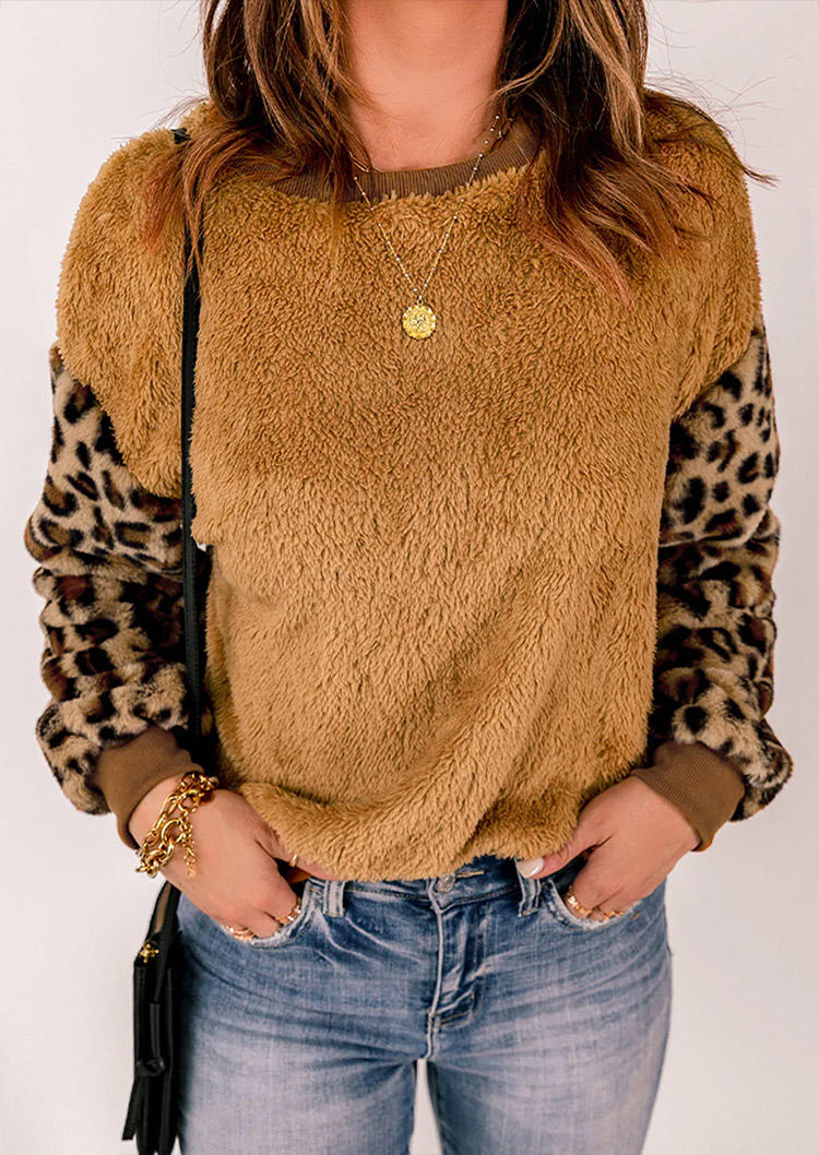 

Leopard Splicing Fuzzy Pullover Sweatshirt - Brown, SCM007630