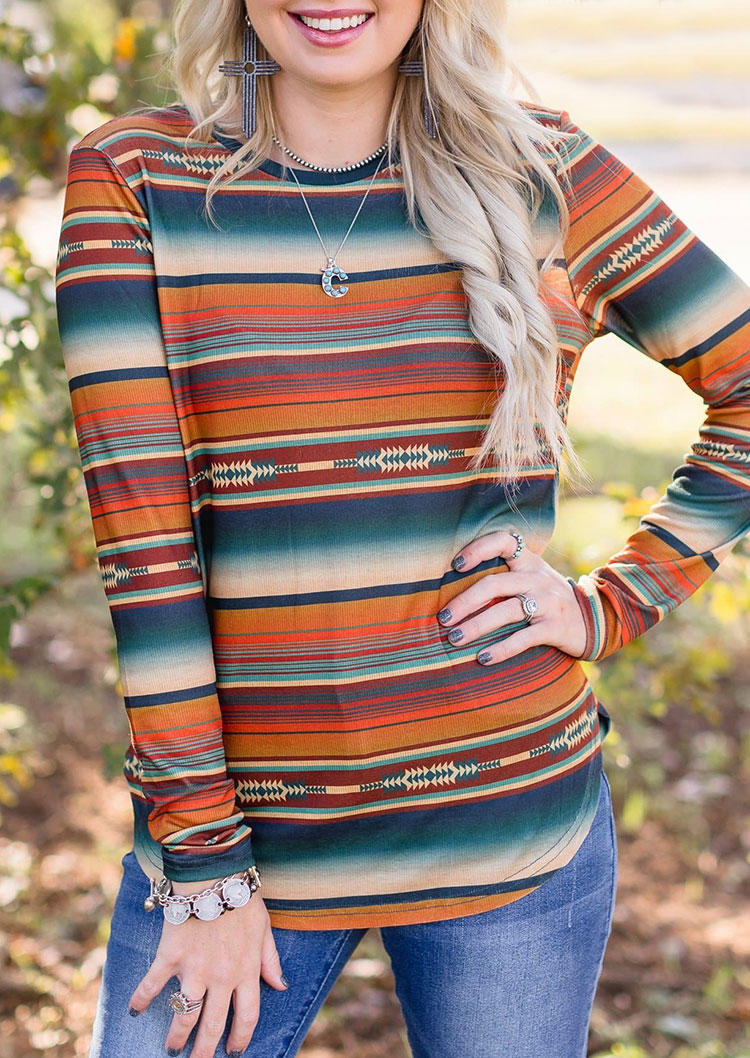 

Serape Striped Long Sleeve O-Neck Blouse, Multicolor, SCM007733