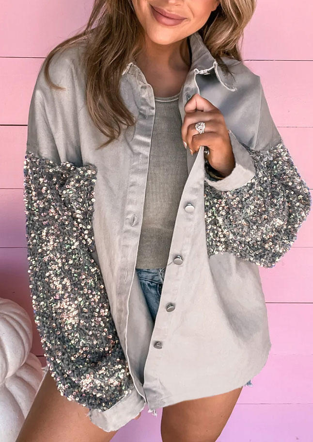 

Sequined Splicing Button Long Sleeve Jacket - Gray, SCM007775