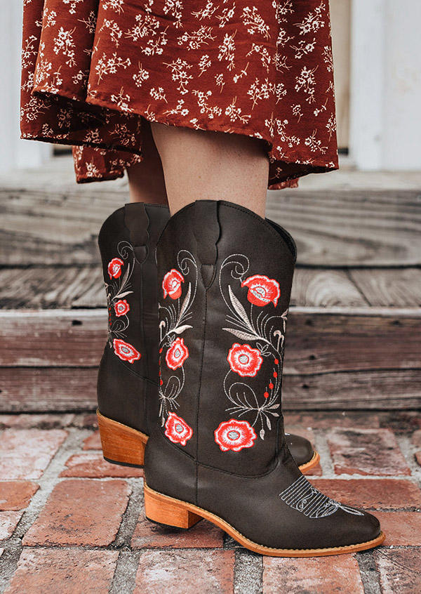 Vintage Embroidered Floral Square Heel Boots - Black
