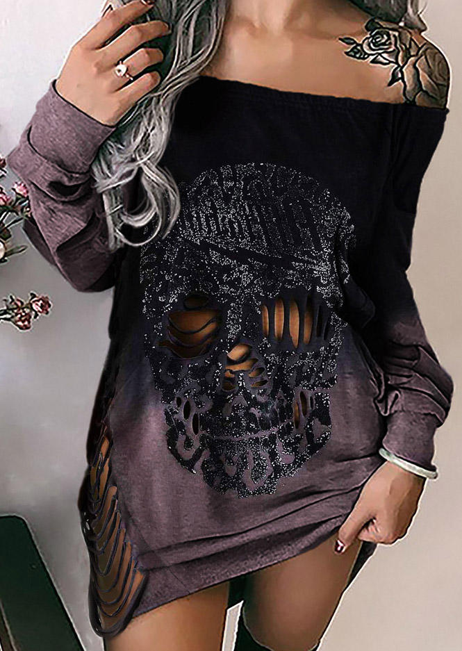 Halloween Skull Gradient Cut Out Mini Dress - Black