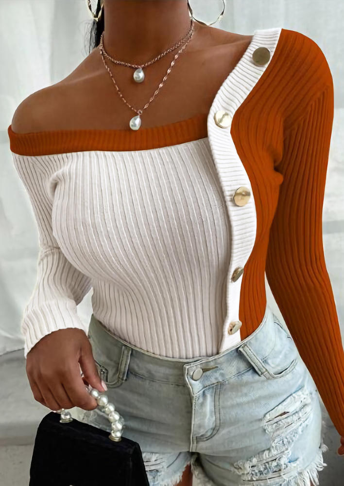 

Color Block Button Long Sleeve Blouse - Orange, SCM006775