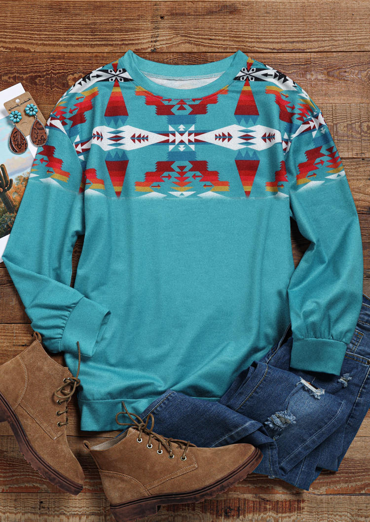 Aztec Geometric Long Sleeve Pullover Sweatshirt - Lake Blue
