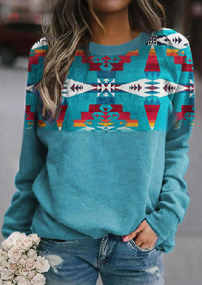 

Aztec Geometric Long Sleeve Pullover Sweatshirt - Lake Blue, SCM006785