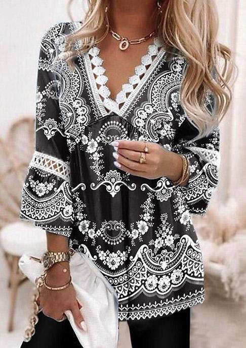

Floral Lace Splicing Hollow Out Long Sleeve Blouse - Black, SCM006861