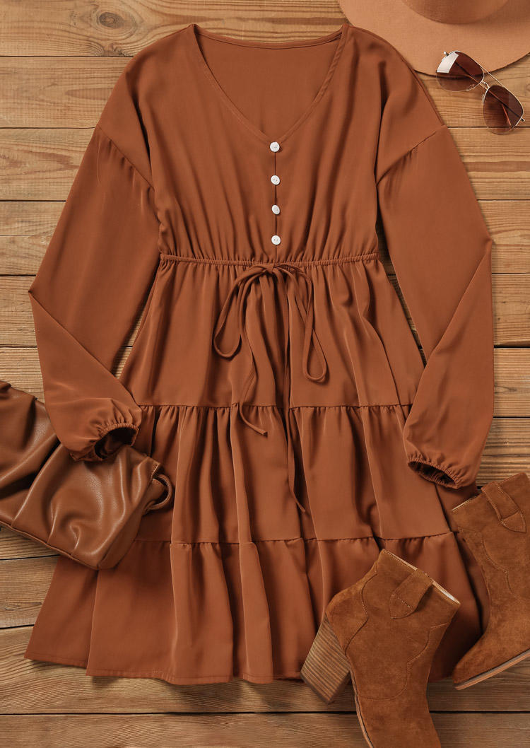 Ruffled Button Tie V-Neck Mini Dress - Brown