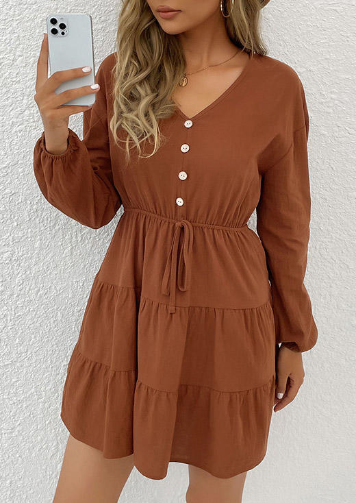 Ruffled Button Tie V-Neck Mini Dress - Brown