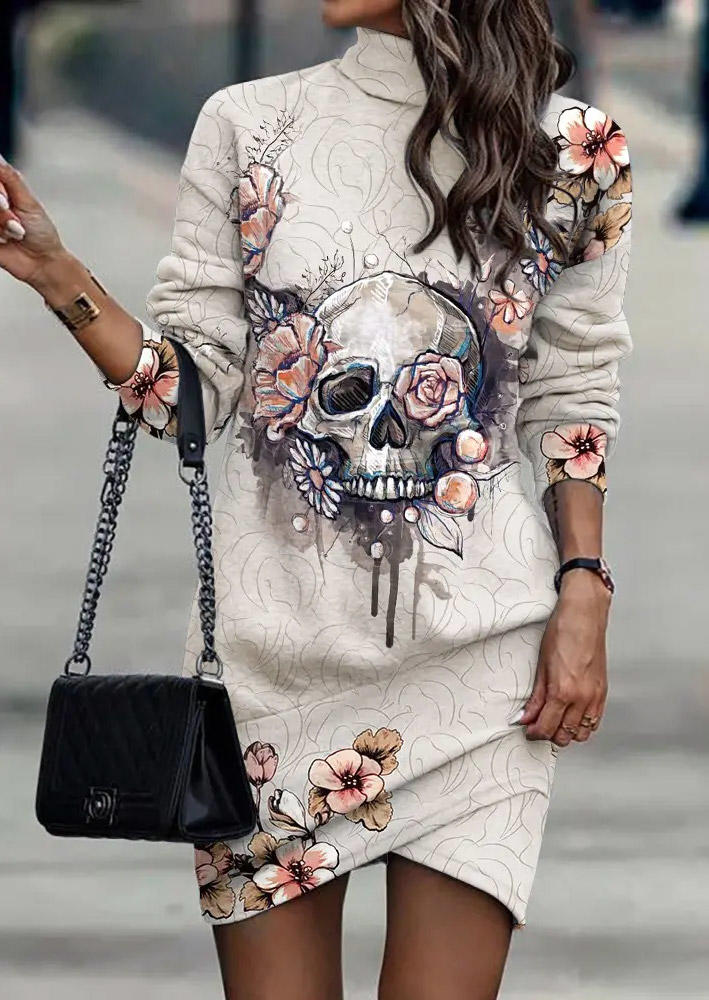 

Halloween Skull Floral Turtleneck Long Sleeve Mini Dress, Multicolor, SCM007113