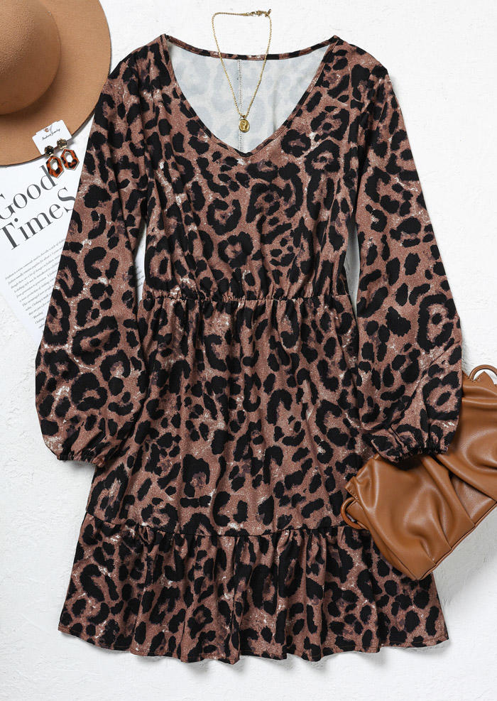 Leopard Ruffled Elastic Cuff Mini Dress