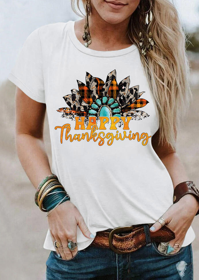 

Happy Thanksgiving Sunflower Turquoise T-Shirt Tee - White, SCM007132