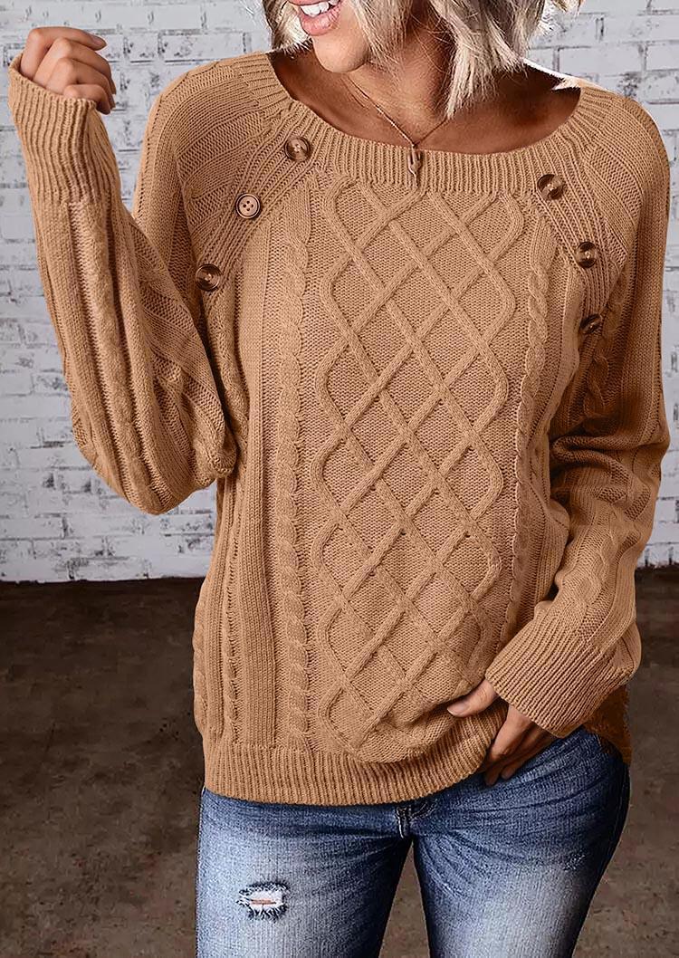 

Button Raglan Sleeve Knitted Sweater - Camel, Khaki, SCM007180