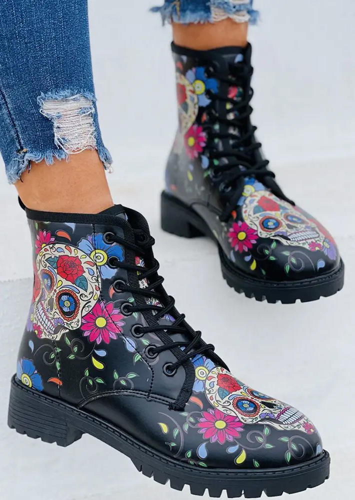

Halloween Floral Skull Paisley Lace Up Martens Boots - Black, SCM007184