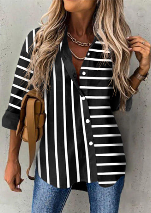 

Striped Button Long Sleeve Shirt - Black, SCM007314