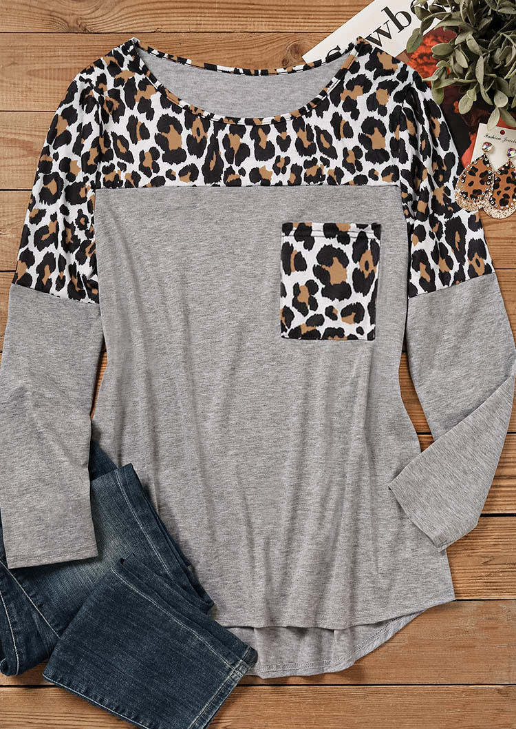 Leopard Color Block Pocket O-Neck Blouse - Gray