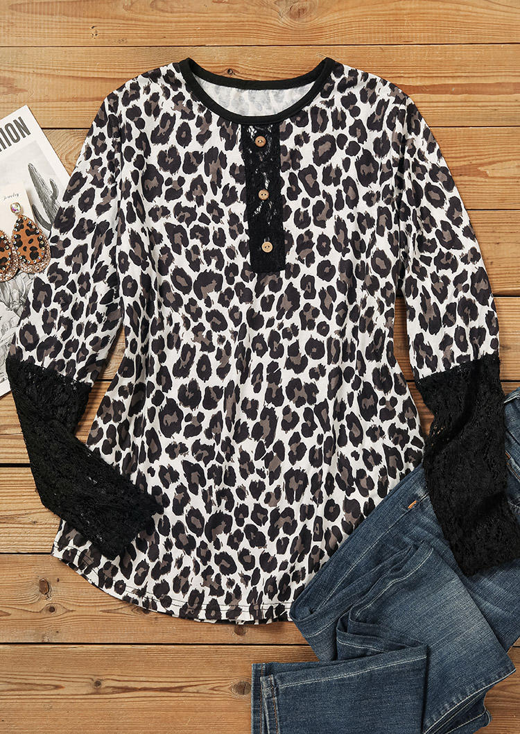 Leopard Lace Splicing Button O-Neck Blouse