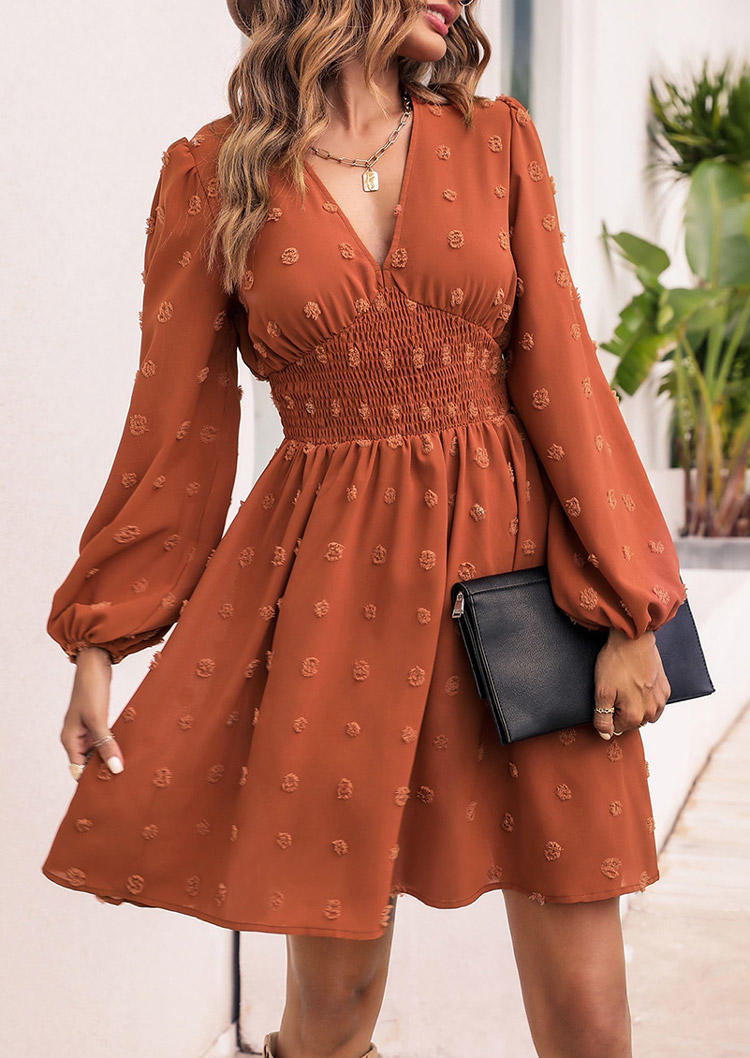 Dotted Swiss Smocked V-Neck Mini Dress - Brown