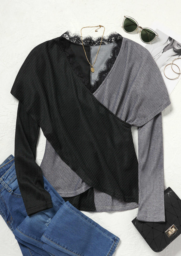 Color Block Lace Splicing Wrap V-Neck Sweater - Gray