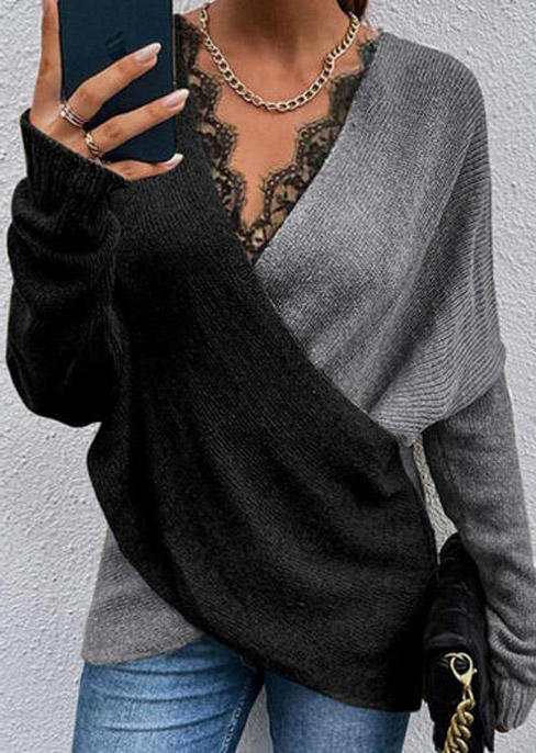

Color Block Lace Splicing Wrap V-Neck Sweater - Gray, SCM007400