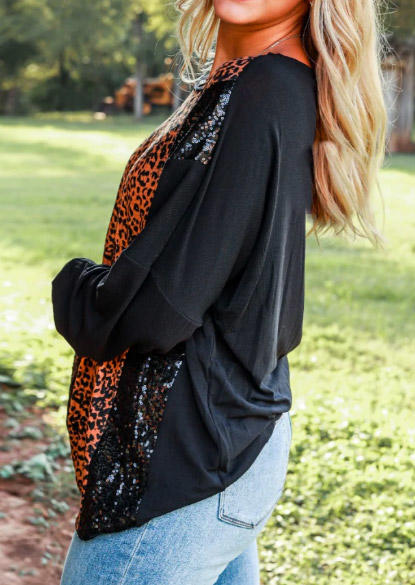 Leopard Sequined Splicing Long Sleeve Blouse - Black