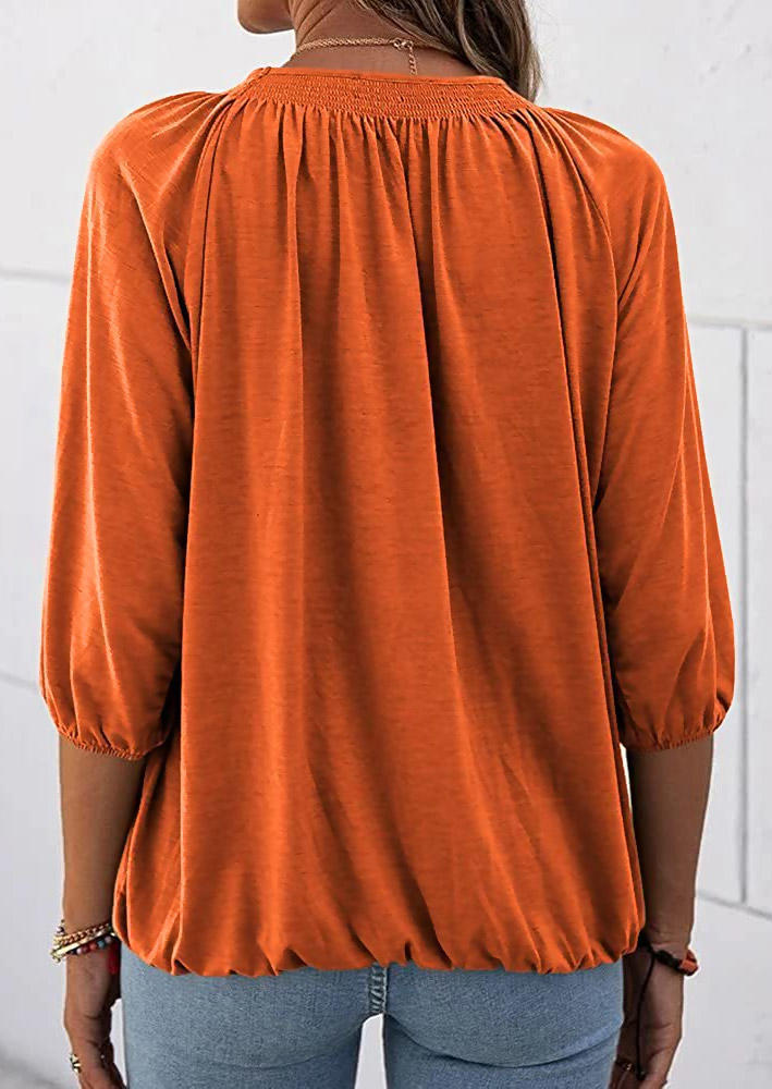 Ruffled Three Quarter Sleeve O-Neck Blouse - Orange