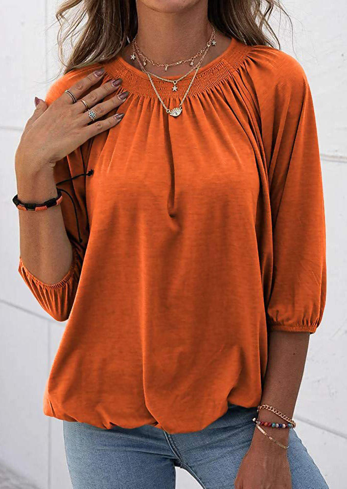 

Ruffled Three Quarter Sleeve O-Neck Blouse - Orange, SCM007422