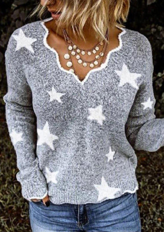 

Star Irregular Collar Long Sleeve Sweater - Gray, SCM007441