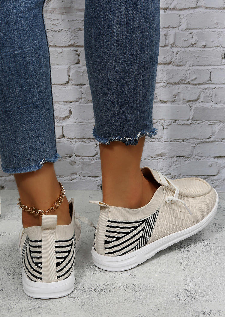 Striped Slip On Round Toe Breathable Flat Sneakers - Apricot