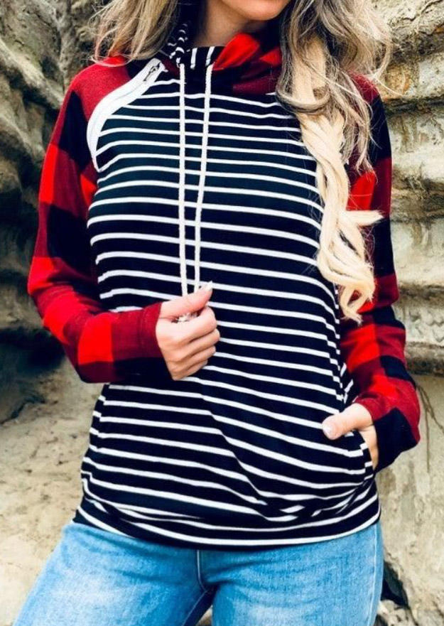

Buffalo Plaid Striped Zipper Pocket Hoodie, Multicolor, SCM007512